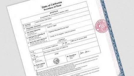 Example California apostille certificate issued by the Secretary of State