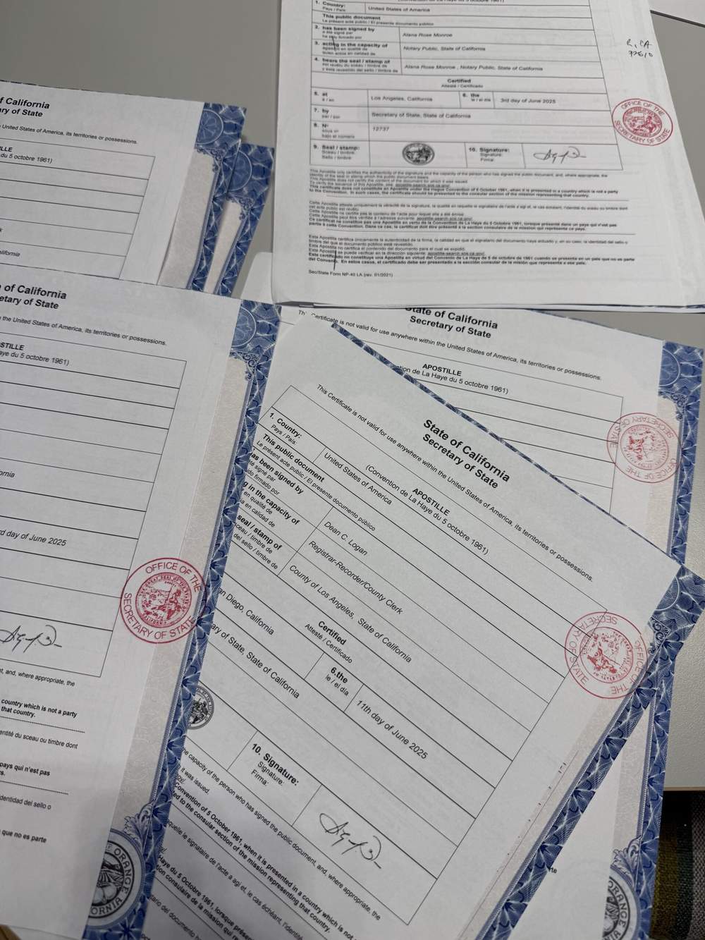 Example California apostille certificate issued by the Secretary of State
